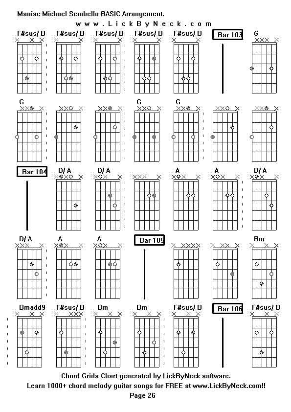 Chord Grids Chart of chord melody fingerstyle guitar song-Maniac-Michael Sembello-BASIC Arrangement,generated by LickByNeck software.